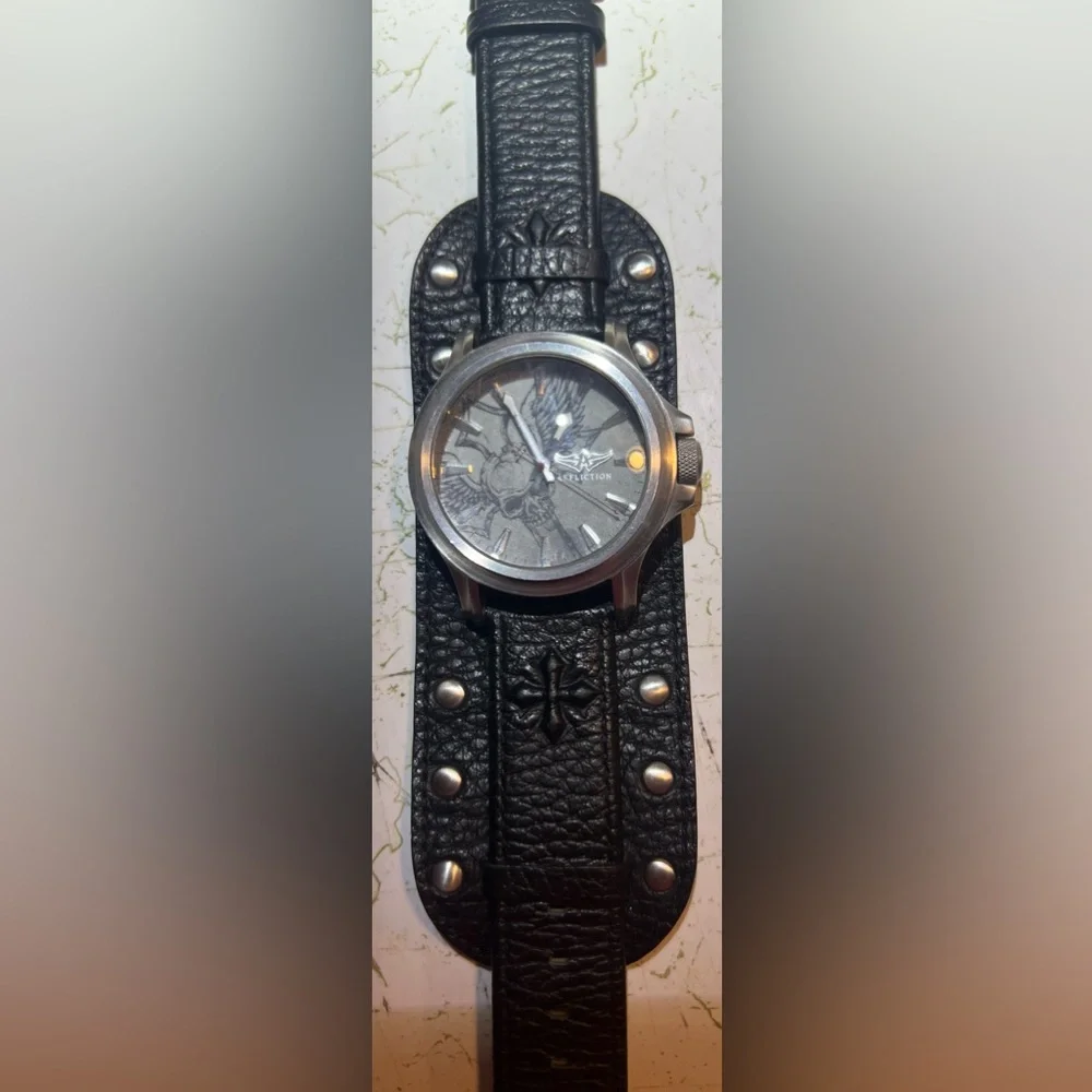 Affliction Avengers Watch Black Leather Studs Strap Winged Skull Tattoo Art Men - Picture 2 of 16